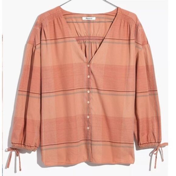 MADEWELL Plaid Peach Morningview V-neck  Button Front Blouse Top Sz XS - Picture 9 of 13